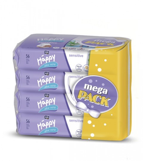 HAPPY Mega Pack vlhčené ubrousky Sensitive Aloe vera á 56 ks x 4, cena 129,90 Kč